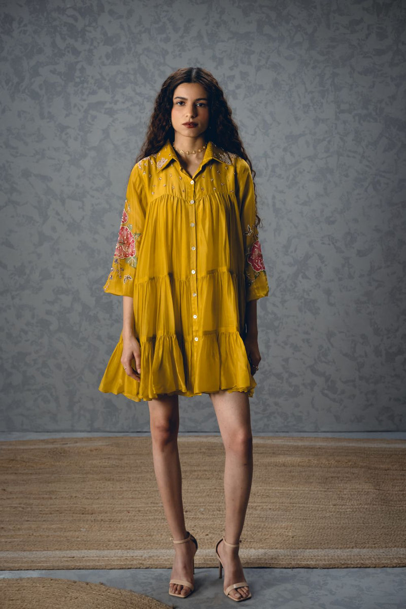 LANA DRESS – YELLOW silk organza dress by Paulmi & Harsh in mustard yellow for women Singapore