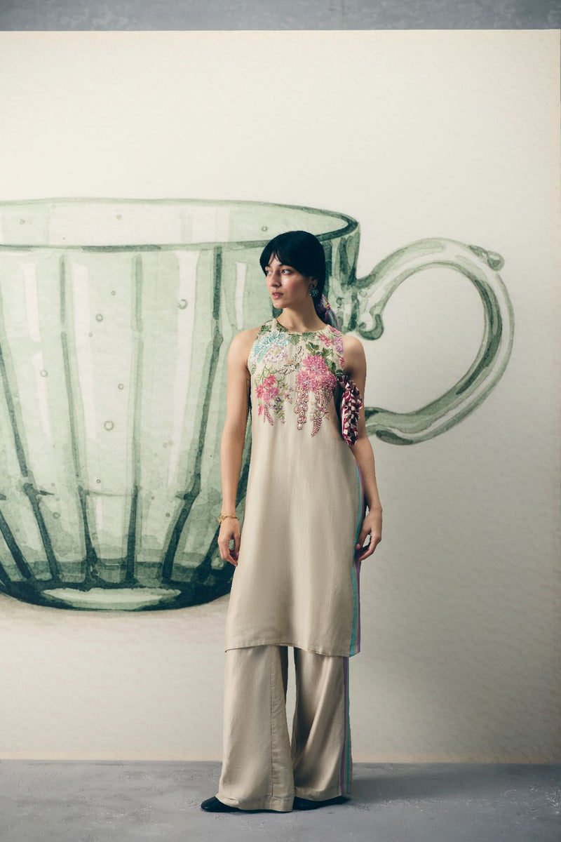 SHIRO KURTA SET silk by Paulmi & Harsh in ivory color for women in Singapore