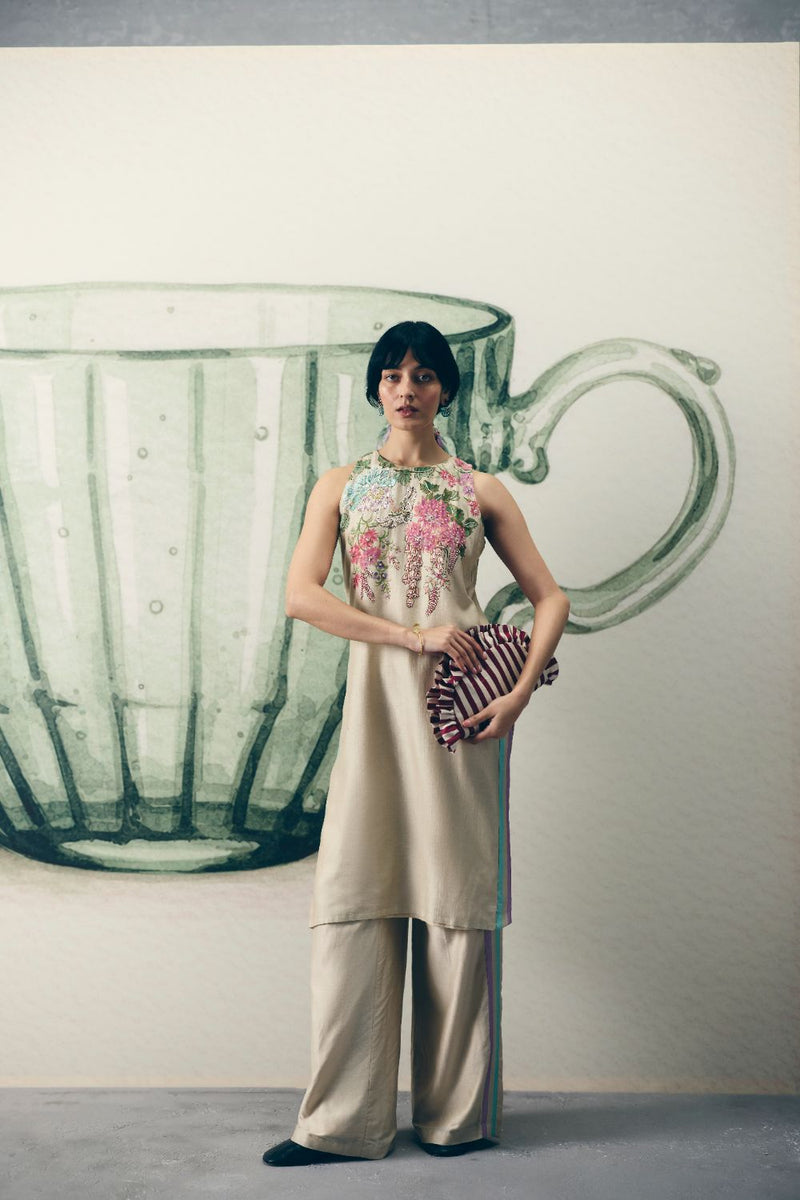 SHIRO KURTA SET silk by Paulmi & Harsh in ivory color for women in Singapore