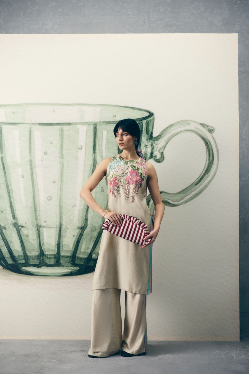 SHIRO KURTA SET silk by Paulmi & Harsh in ivory color for women in Singapore