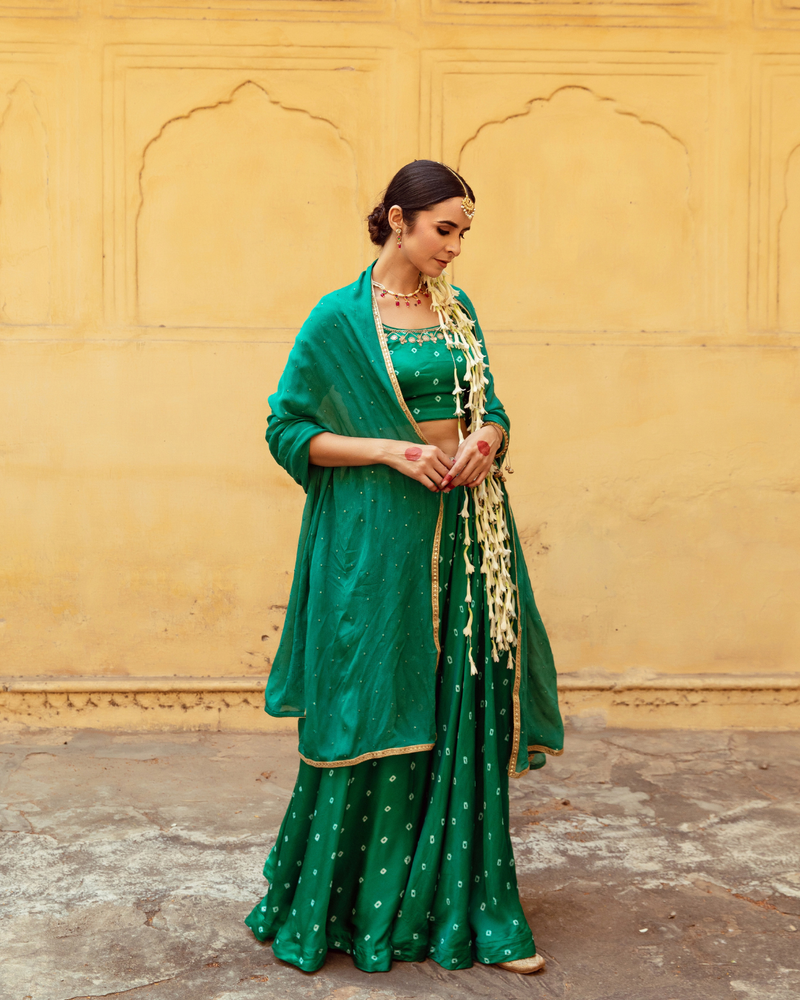 Green & White Bandhej Print Lehenga Set satin Buy Green & White Bandhej Print Lehenga Set from C&W | Lehenga Sets for Women by Maison Shefali in multi color for women in Singapore
