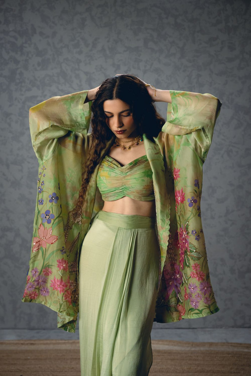 CLEO SKIRT SET organza by Paulmi & Harsh in green color for women in Singapore