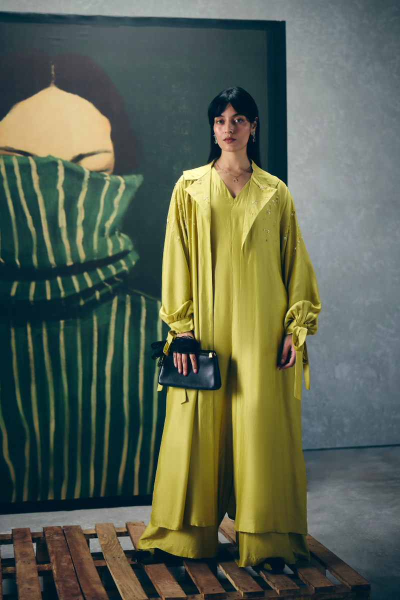KIRA JUMPSUIT SET silk by Paulmi & Harsh in yellow color for women in Singapore