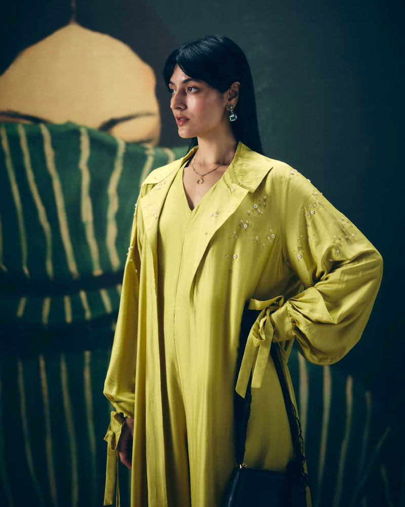 KIRA JUMPSUIT SET silk by Paulmi & Harsh in yellow color for women in Singapore
