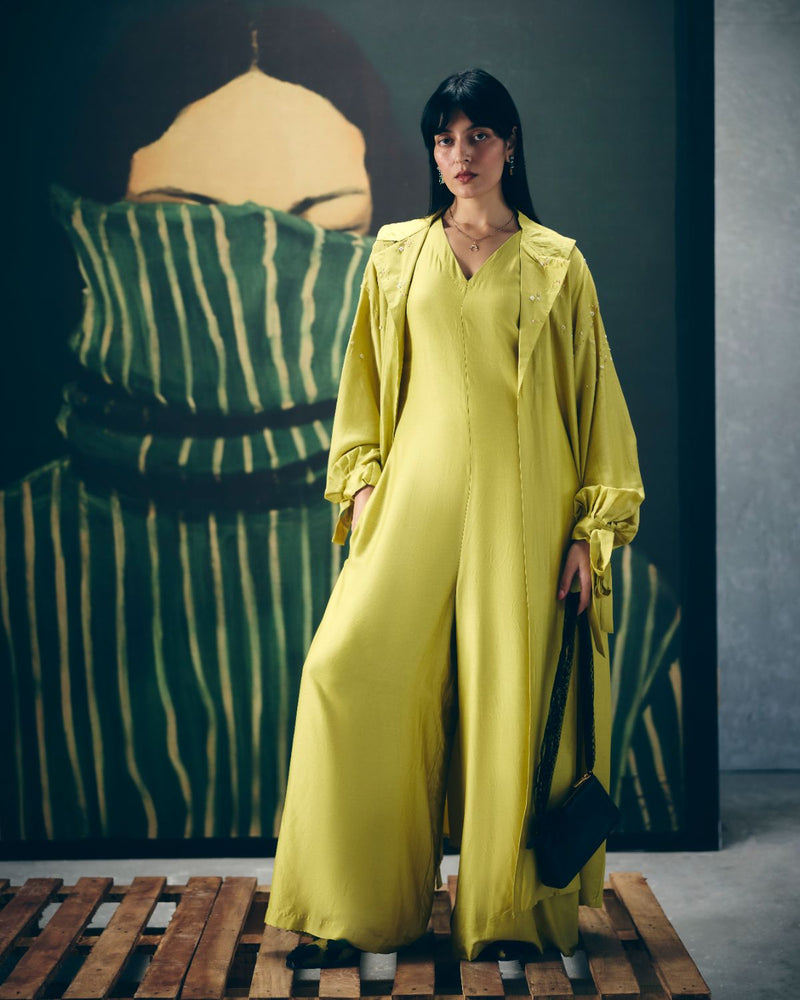 KIRA JUMPSUIT SET silk by Paulmi & Harsh in yellow color for women in Singapore
