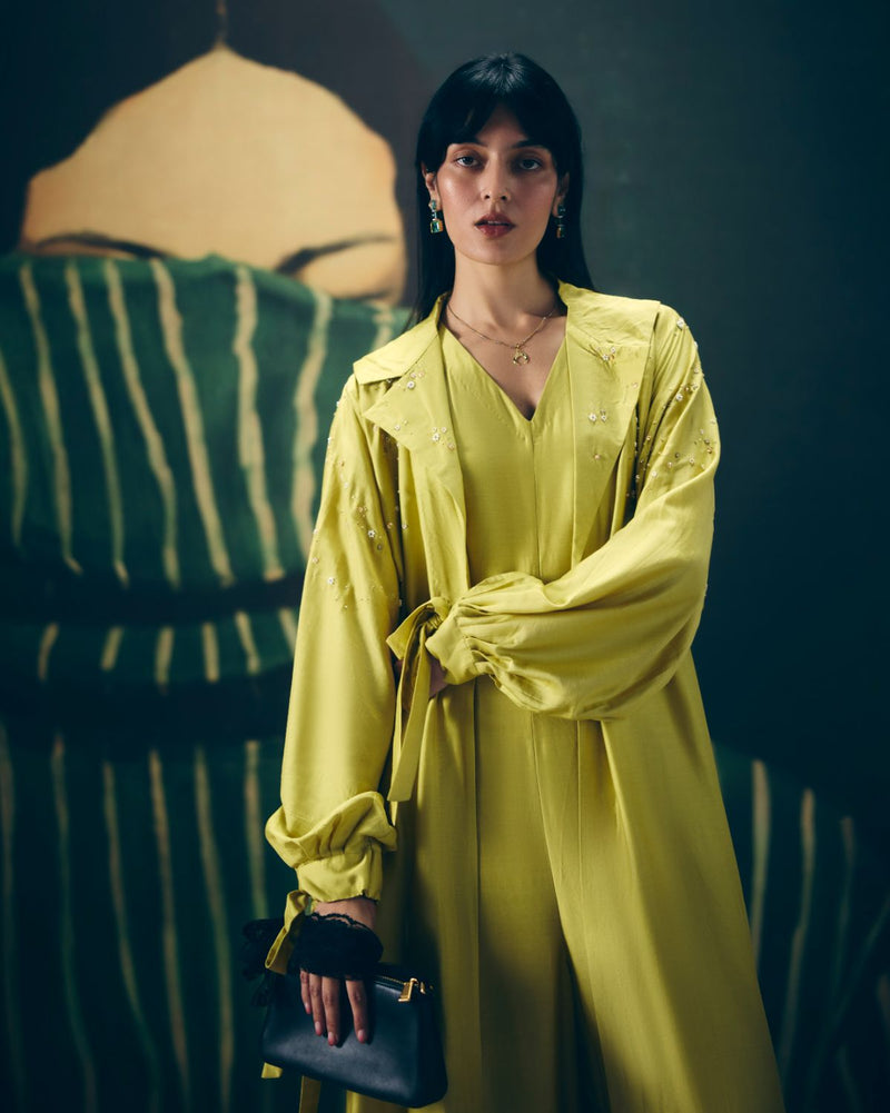 KIRA JUMPSUIT SET silk by Paulmi & Harsh in yellow color for women in Singapore
