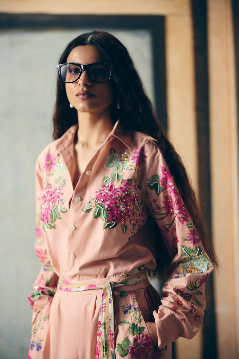 AIRI CO-ORD SET- PINK poplin by Paulmi & Harsh in pink color for women in Singapore
