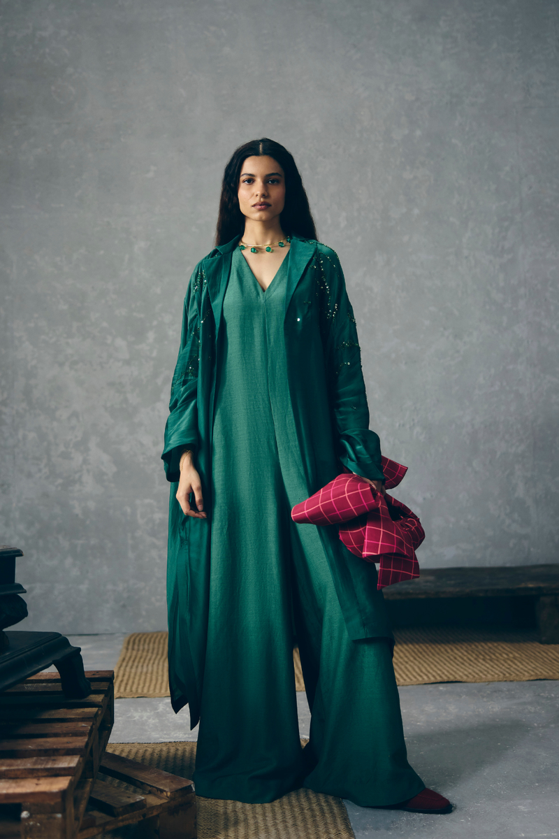 WASABI JUMPSUIT SET organza by Paulmi & Harsh in green color for women in Singapore