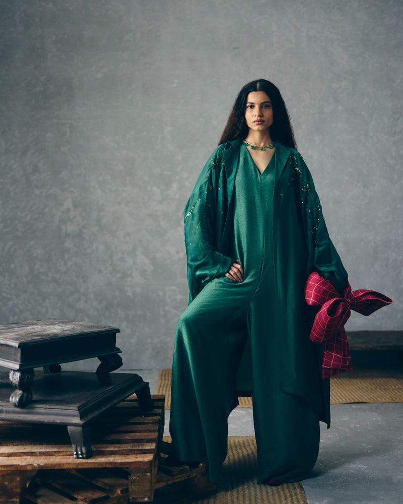WASABI JUMPSUIT SET organza by Paulmi & Harsh in green color for women in Singapore