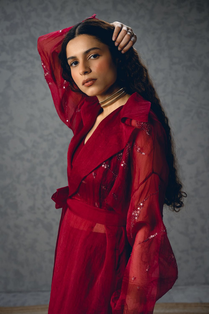 NAMI JACKET SET- BURGANDY organza by Paulmi & Harsh for women in Singapore