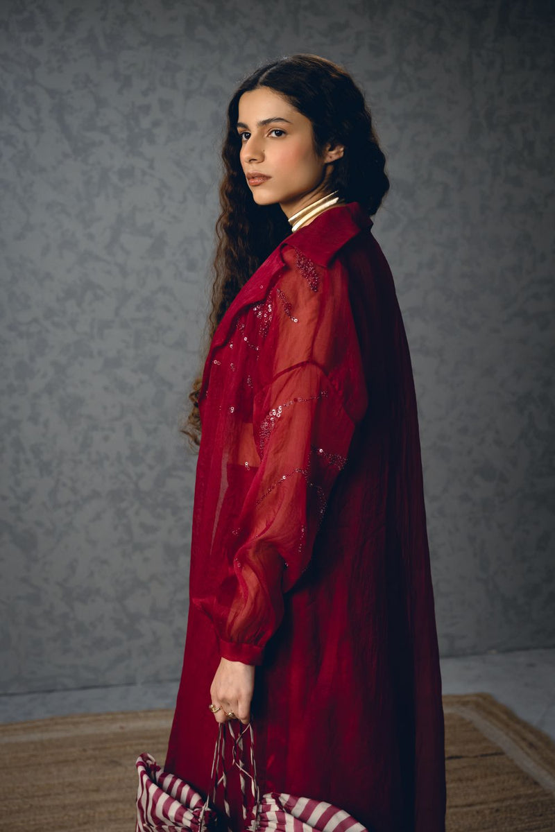 NAMI JACKET SET- BURGANDY organza by Paulmi & Harsh for women in Singapore