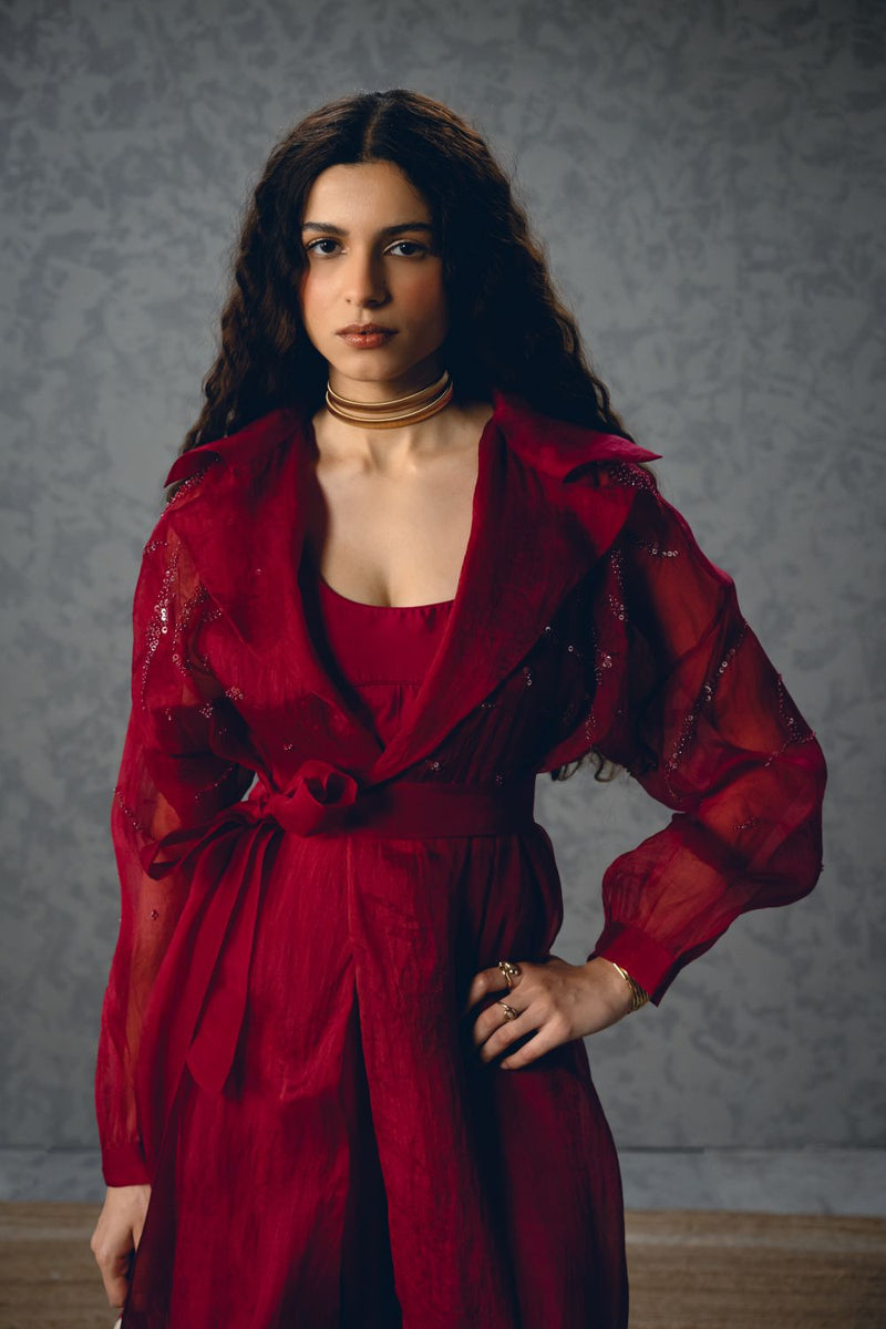 NAMI JACKET SET- BURGANDY organza by Paulmi & Harsh for women in Singapore