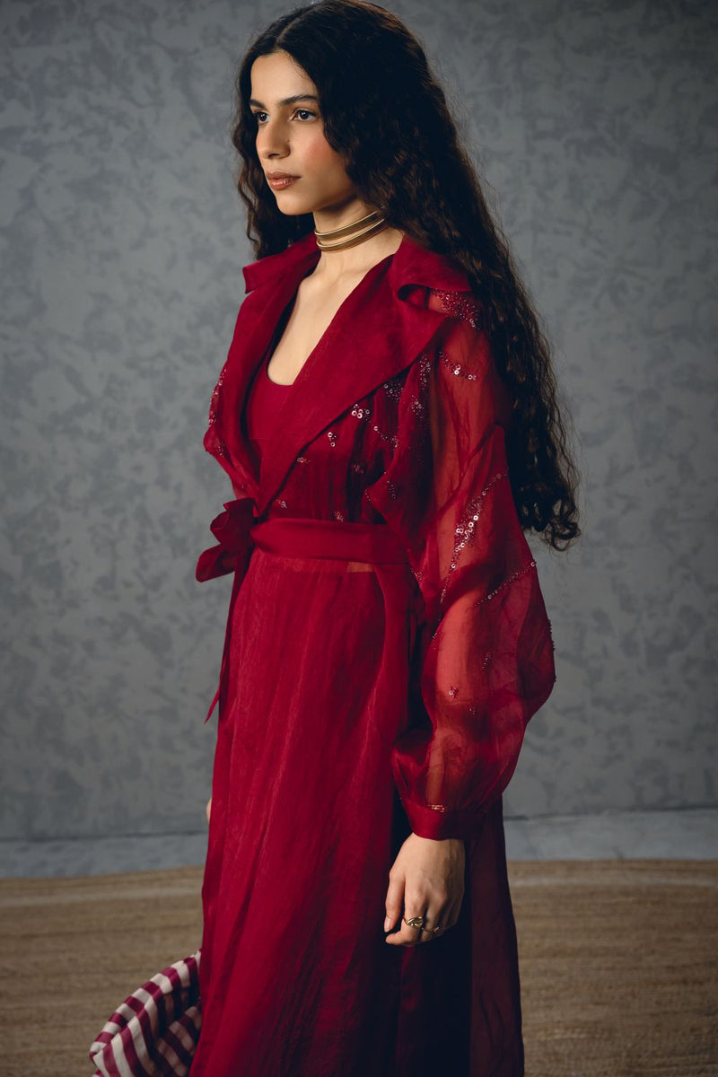 NAMI JACKET SET- BURGANDY organza by Paulmi & Harsh for women in Singapore