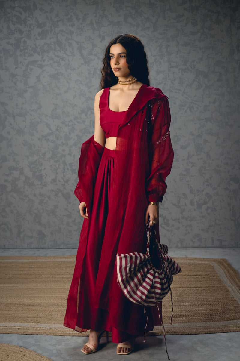 NAMI JACKET SET- BURGANDY organza by Paulmi & Harsh for women in Singapore