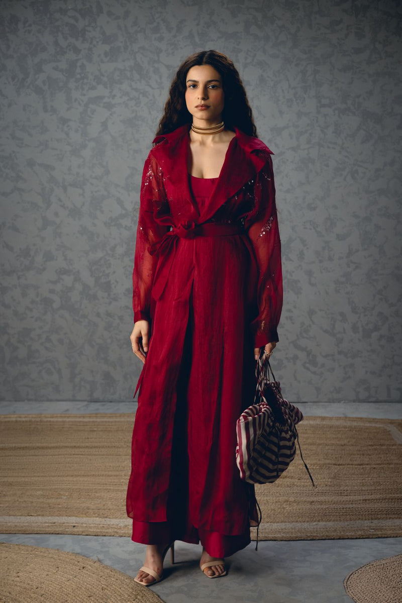 NAMI JACKET SET- BURGANDY organza by Paulmi & Harsh for women in Singapore
