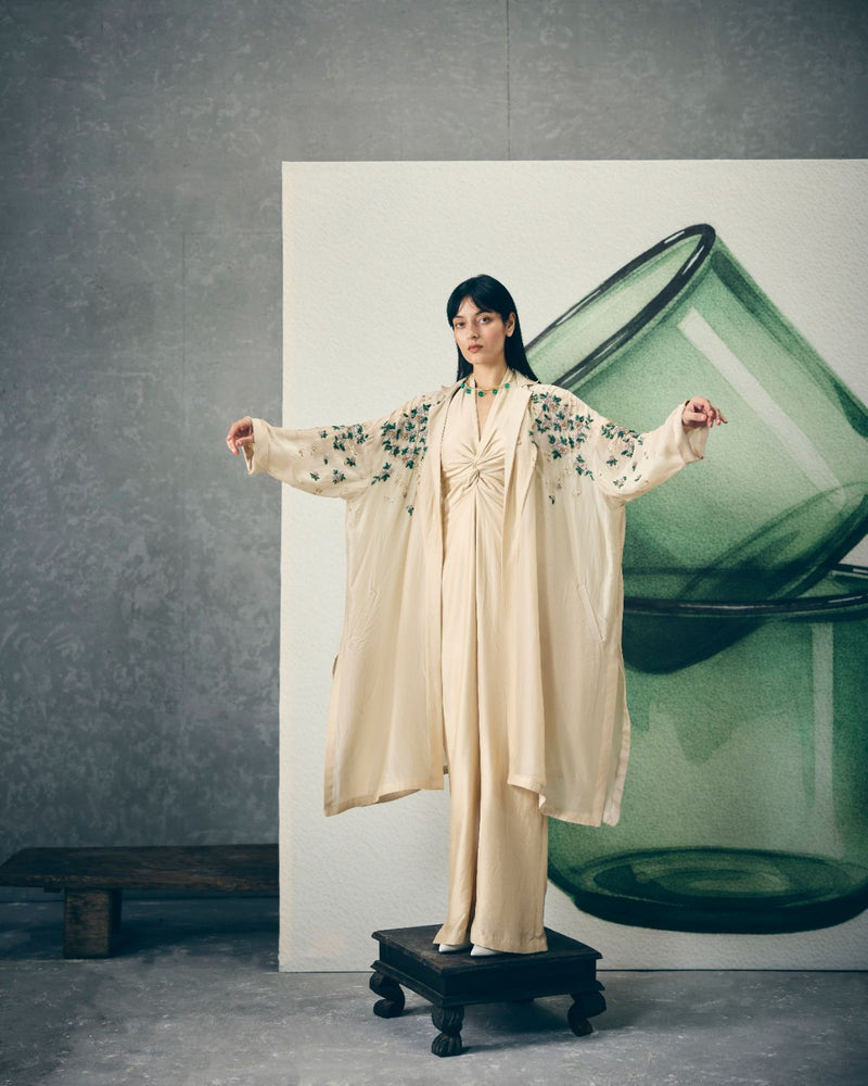 SHINJU JUMPSUIT SET- IVORY organza by Paulmi & Harsh in ivory color for women in Singapore