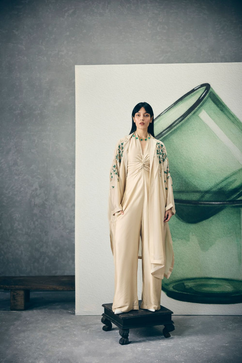 SHINJU JUMPSUIT SET- IVORY organza by Paulmi & Harsh in ivory color for women in Singapore