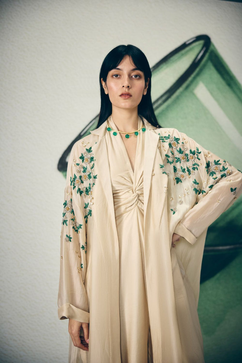 SHINJU JUMPSUIT SET- IVORY organza by Paulmi & Harsh in ivory color for women in Singapore