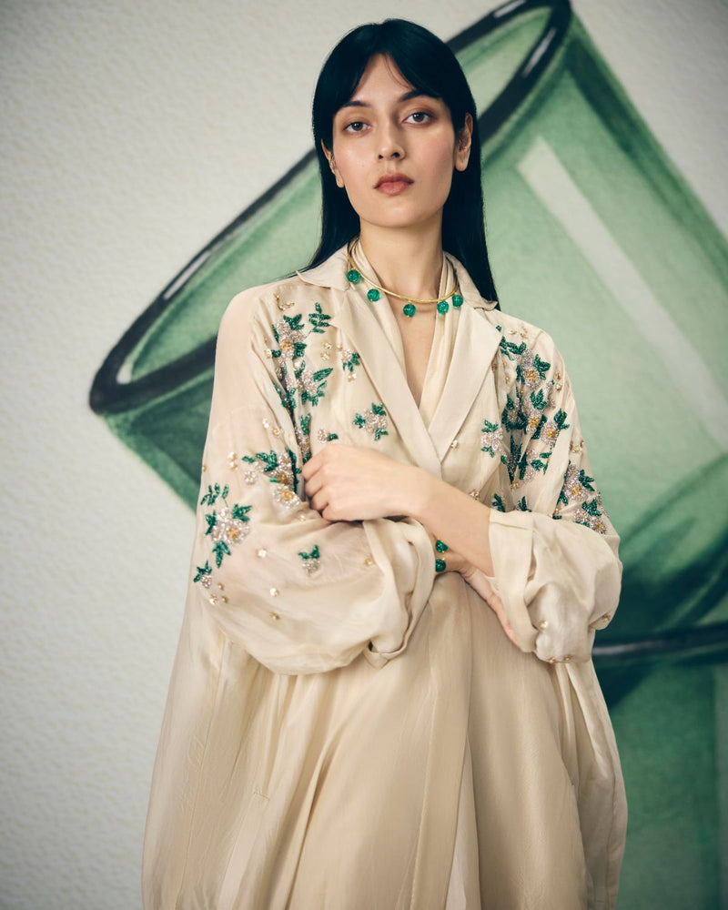 SHINJU JUMPSUIT SET- IVORY organza by Paulmi & Harsh in ivory color for women in Singapore