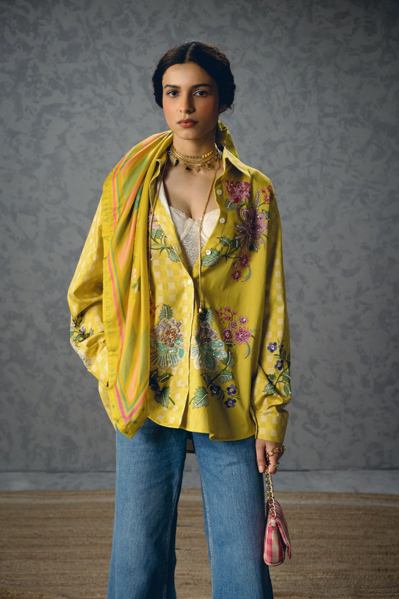 JADE SHIRT- YELLOW satin by Paulmi & Harsh in yellow color for women in Singapore