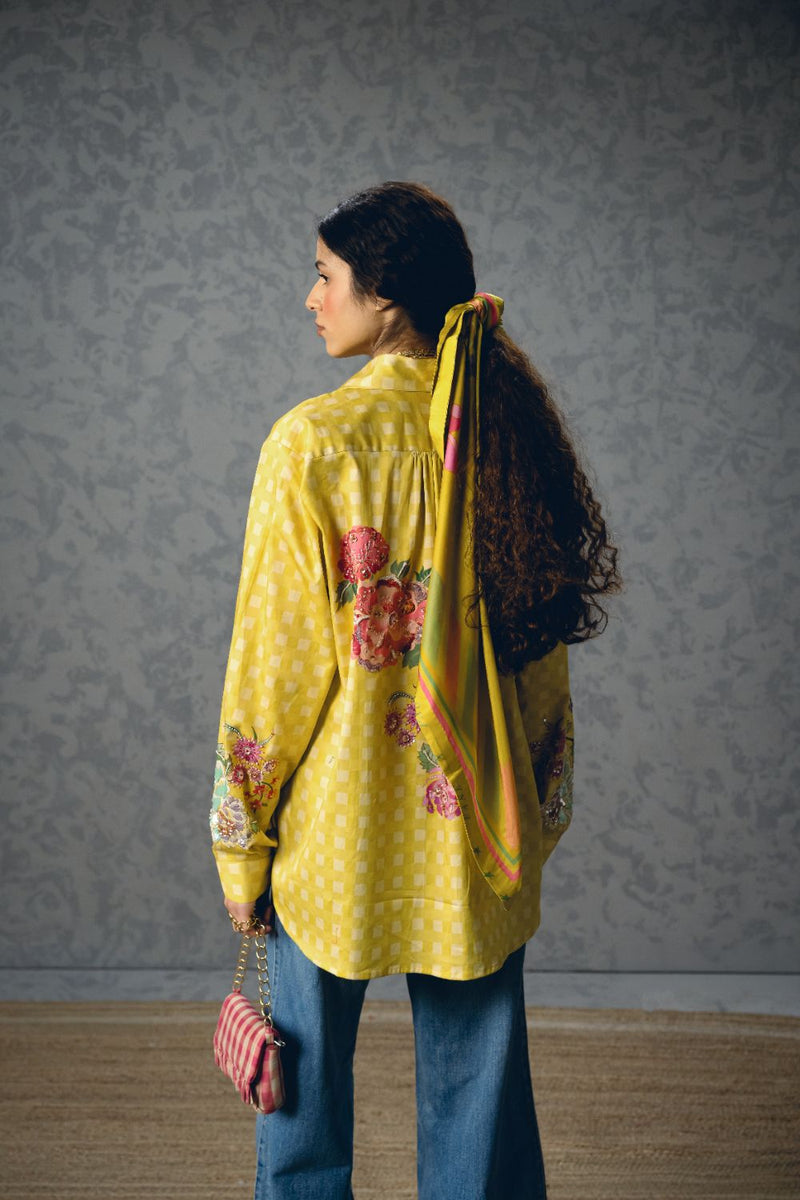 JADE SHIRT- YELLOW satin by Paulmi & Harsh in yellow color for women in Singapore