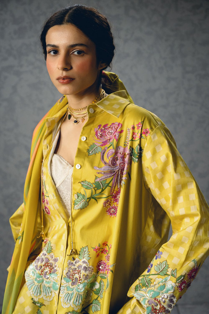 JADE SHIRT- YELLOW satin by Paulmi & Harsh in yellow color for women in Singapore