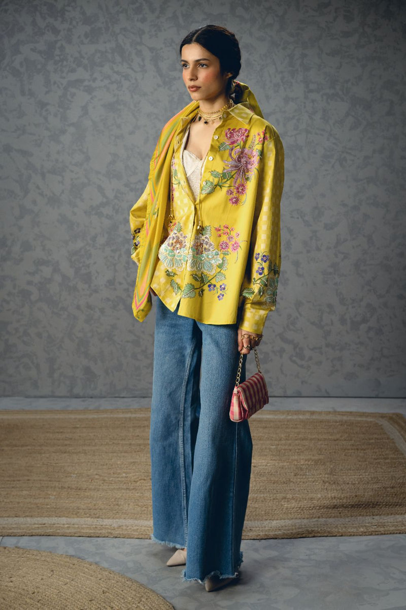 JADE SHIRT- YELLOW satin by Paulmi & Harsh in yellow color for women in Singapore