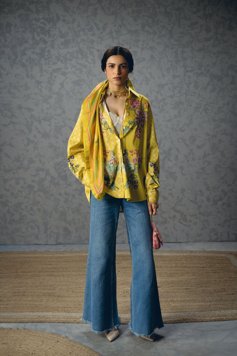 JADE SHIRT- YELLOW satin by Paulmi & Harsh in yellow color for women in Singapore