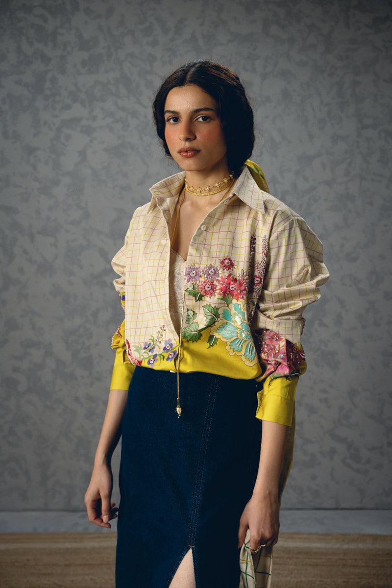 JADE SHIRT- IVORY satin by Paulmi & Harsh in yellow color for women in Singapore