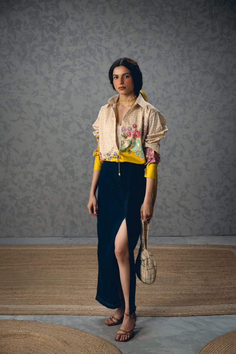 JADE SHIRT- IVORY satin by Paulmi & Harsh in yellow color for women in Singapore