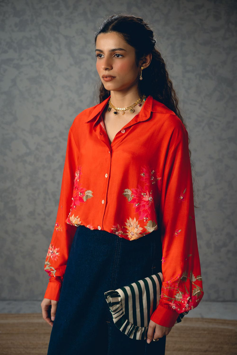 JADE SHIRT- ORANGE silk by Paulmi & Harsh in orange color for women in Singapore