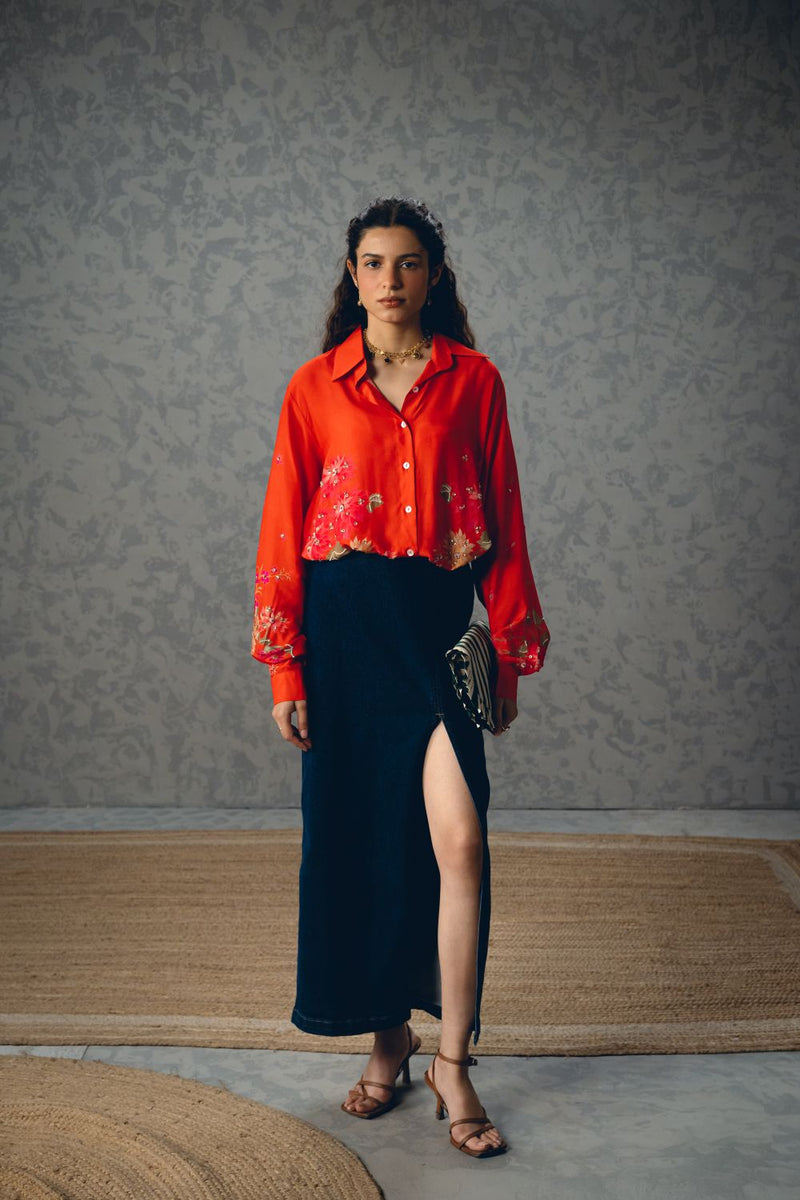 JADE SHIRT- ORANGE silk by Paulmi & Harsh in orange color for women in Singapore