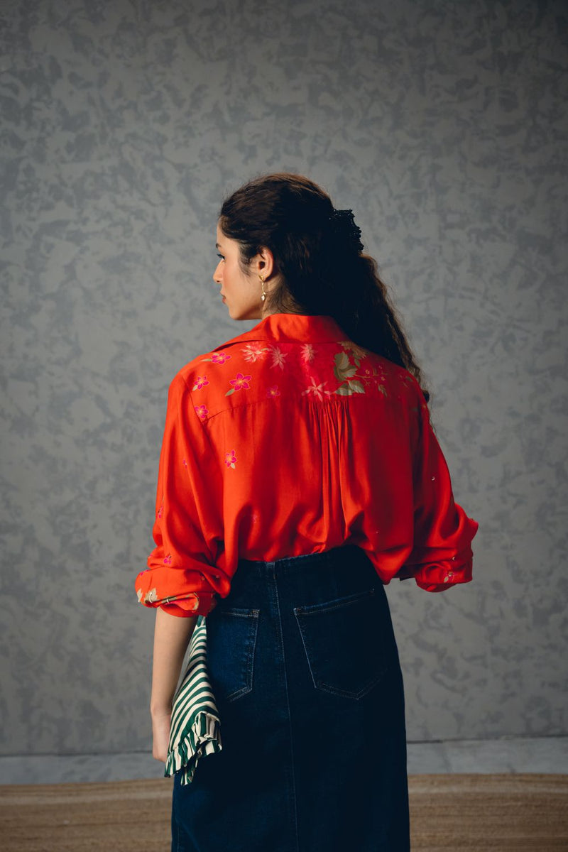 JADE SHIRT- ORANGE silk by Paulmi & Harsh in orange color for women in Singapore