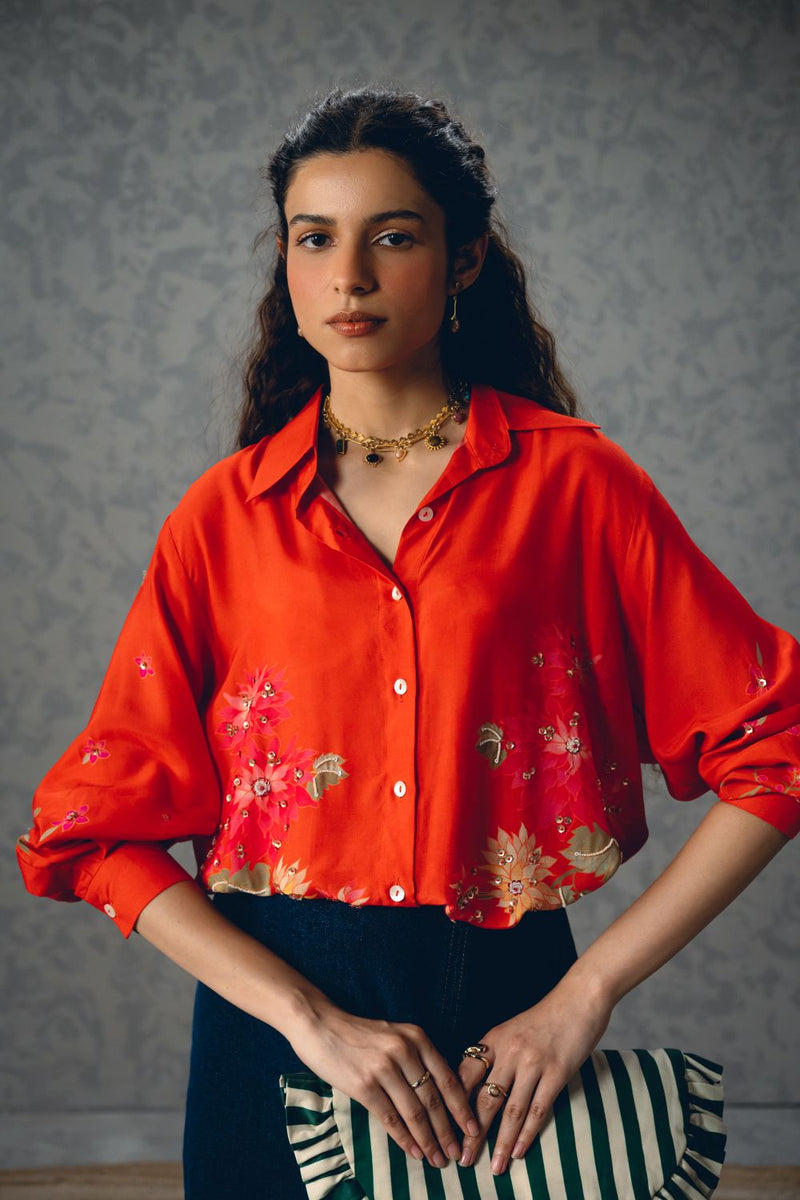 JADE SHIRT- ORANGE silk by Paulmi & Harsh in orange color for women in Singapore