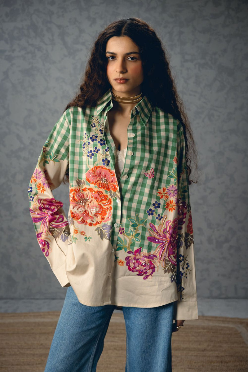 JADE SHIRT- GREEN satin by Paulmi & Harsh in green color for women in Singapore