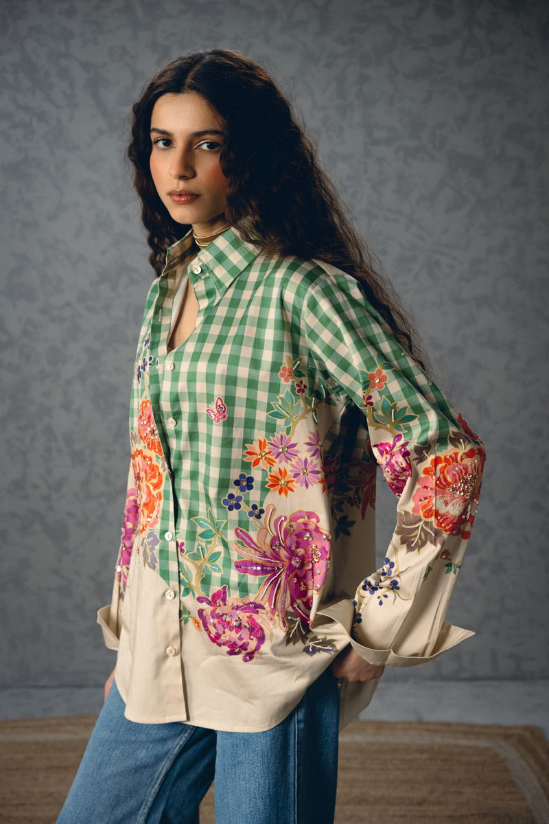 JADE SHIRT- GREEN satin by Paulmi & Harsh in green color for women in Singapore