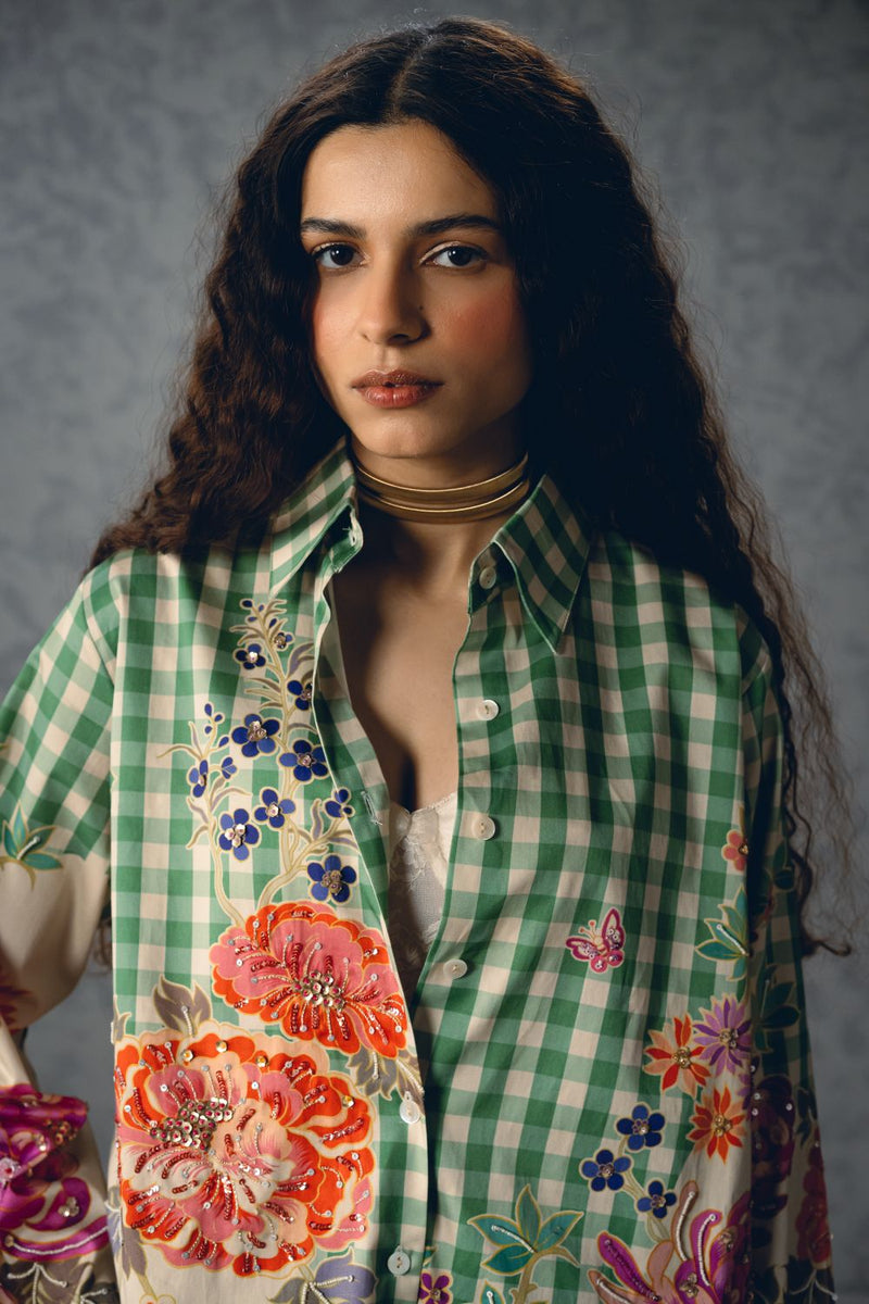 JADE SHIRT- GREEN satin by Paulmi & Harsh in green color for women in Singapore