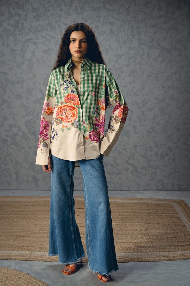 JADE SHIRT- GREEN satin by Paulmi & Harsh in green color for women in Singapore