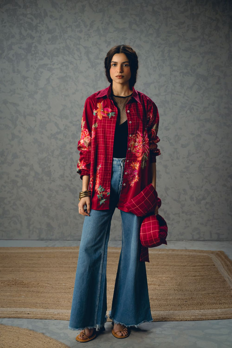 JADE SHIRT- BURGANDY satin by Paulmi & Harsh for women in Singapore
