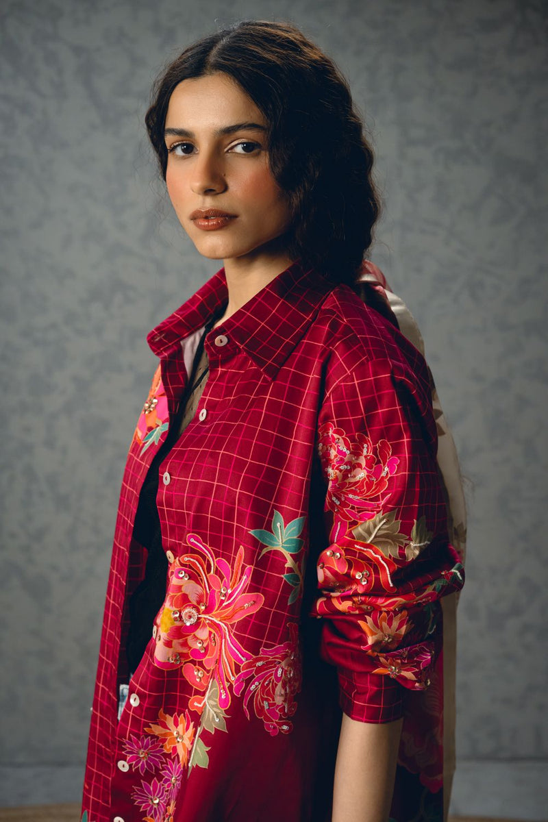 JADE SHIRT- BURGANDY satin by Paulmi & Harsh for women in Singapore