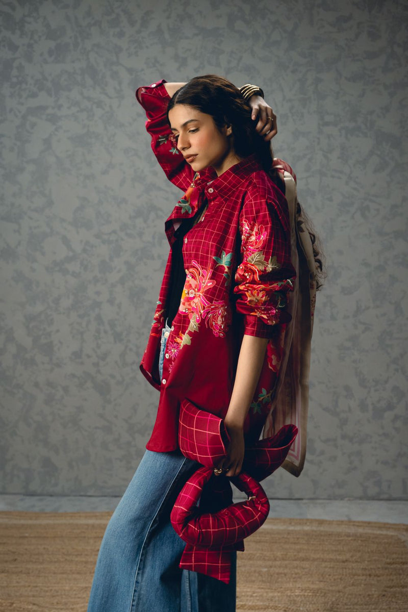 JADE SHIRT- BURGANDY satin by Paulmi & Harsh for women in Singapore