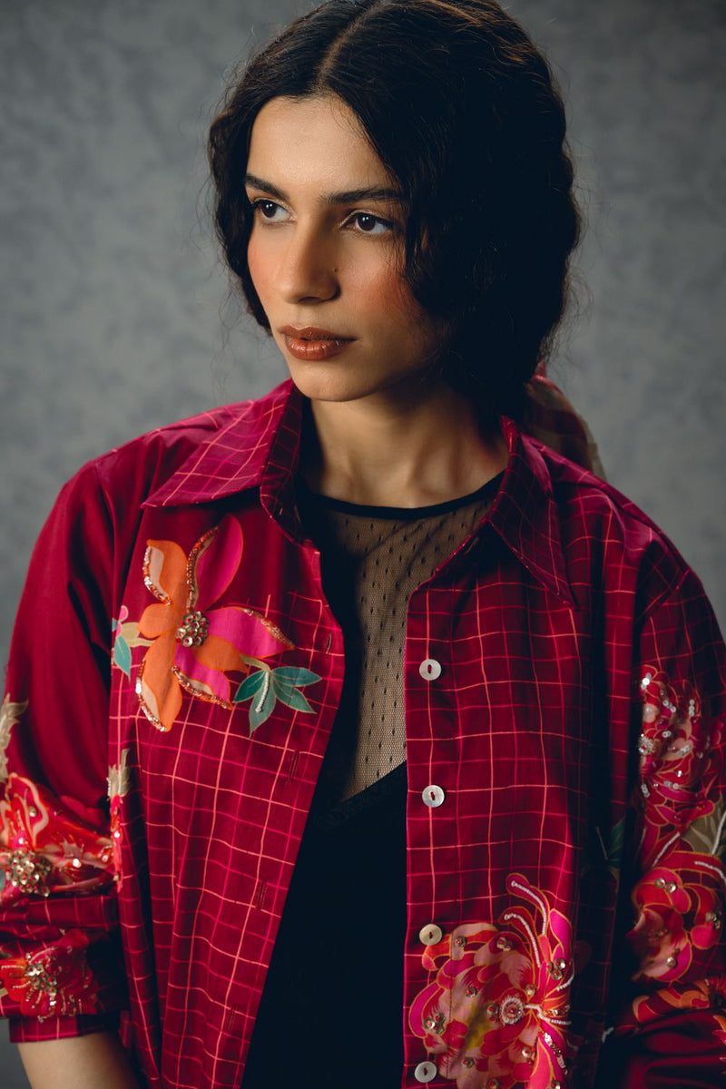JADE SHIRT- BURGANDY satin by Paulmi & Harsh for women in Singapore
