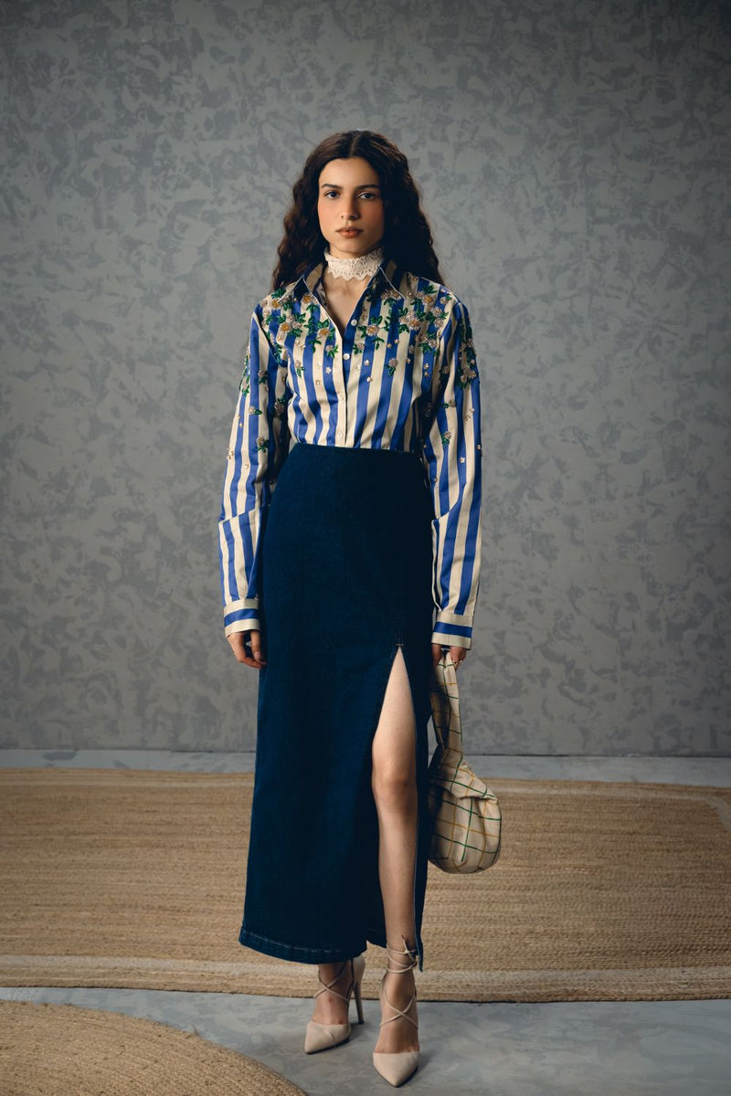 JADE SHIRT- BLUE satin by Paulmi & Harsh in blue color for women in Singapore