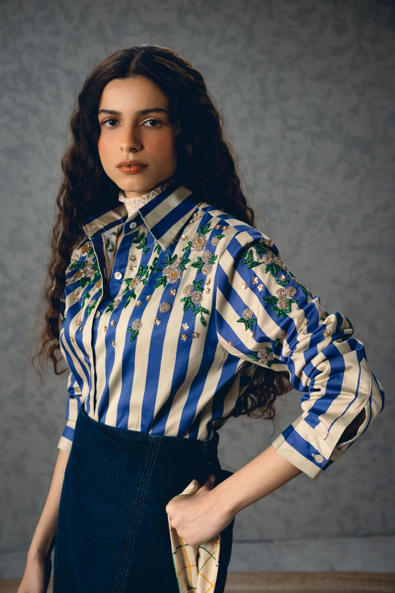 JADE SHIRT- BLUE satin by Paulmi & Harsh in blue color for women in Singapore