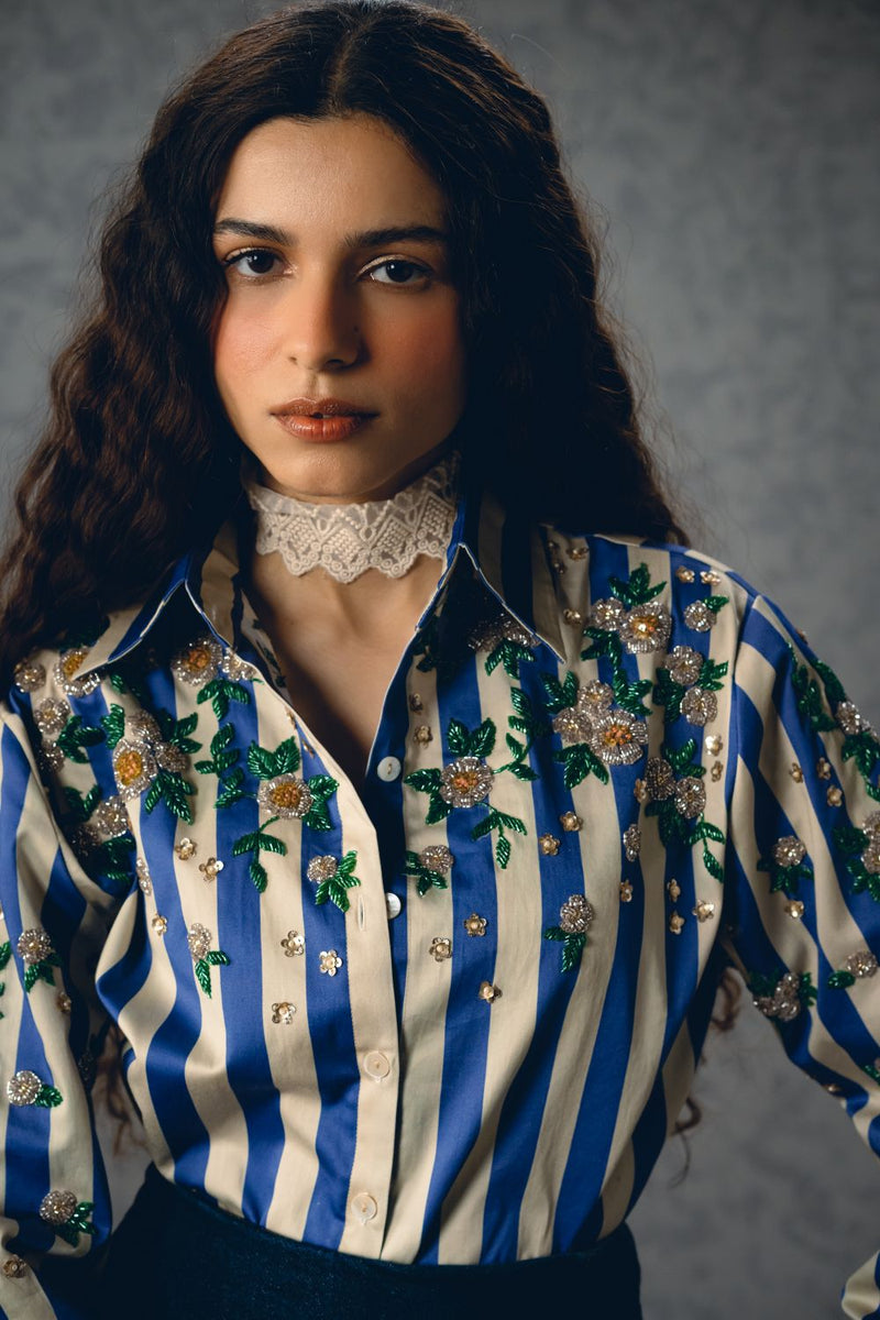 JADE SHIRT- BLUE satin by Paulmi & Harsh in blue color for women in Singapore