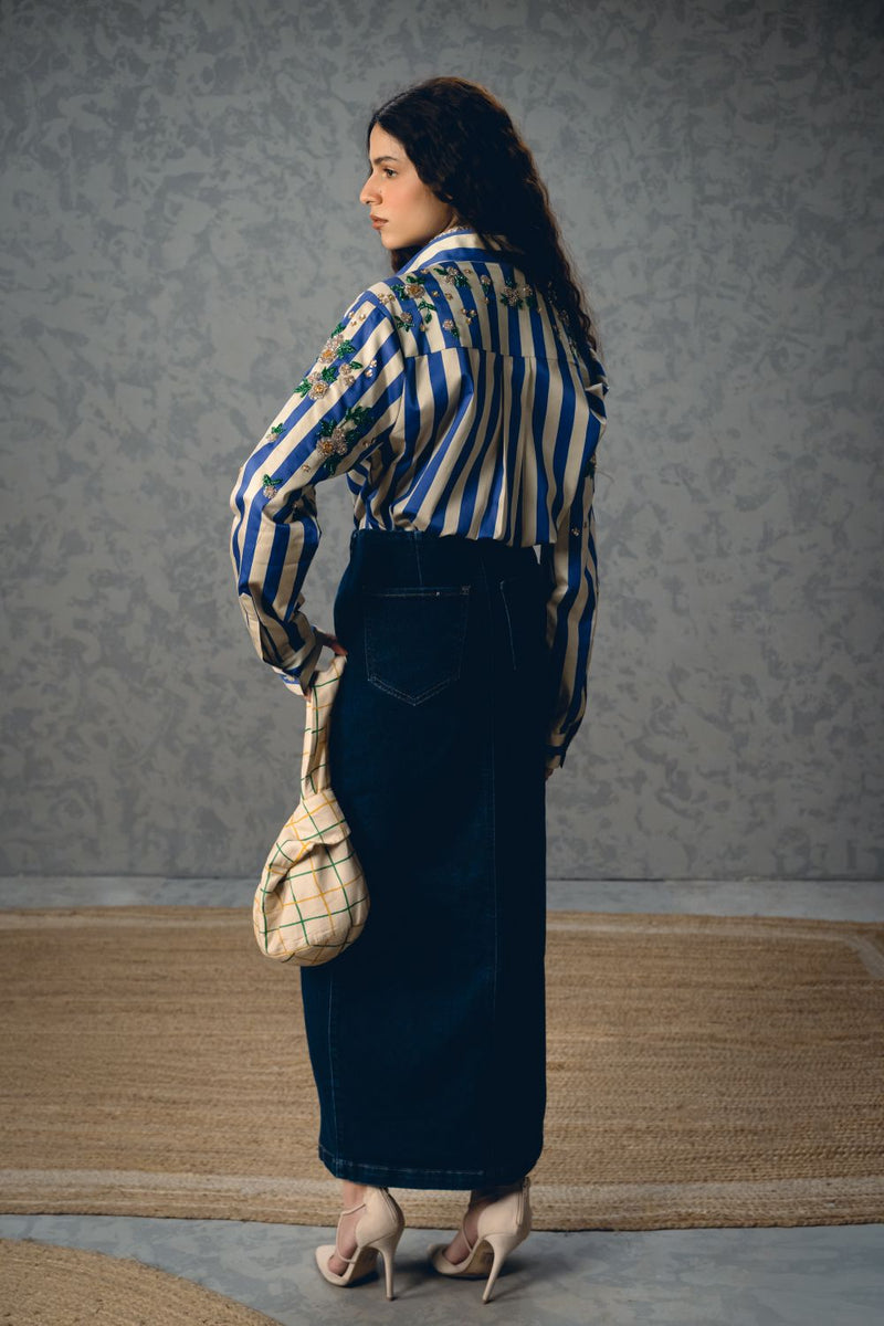 JADE SHIRT- BLUE satin by Paulmi & Harsh in blue color for women in Singapore