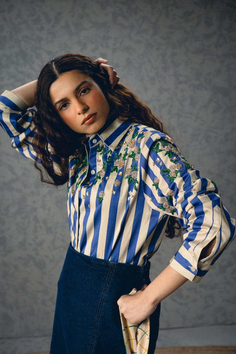 JADE SHIRT- BLUE satin by Paulmi & Harsh in blue color for women in Singapore