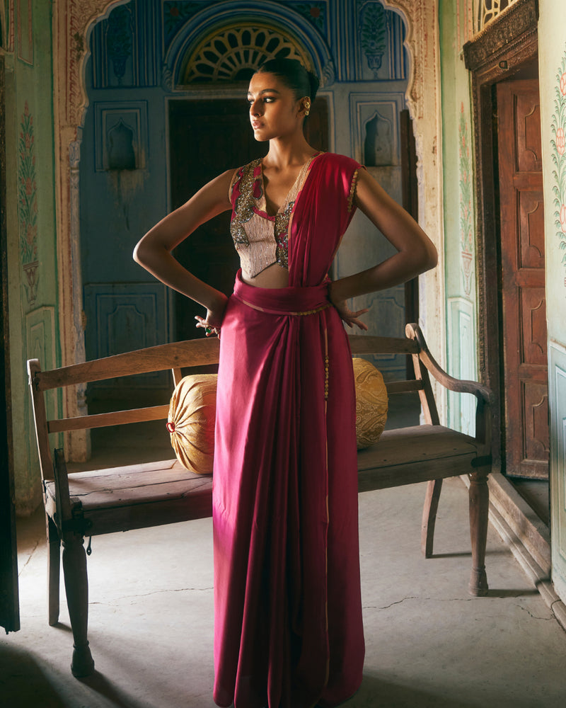 Khel Ruby Red Saree satin by Rajiramniq in red color for women in Singapore