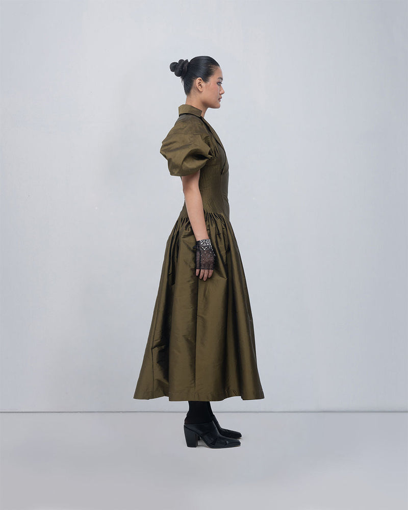 Reina Dress viscose by Leh Studios in olive for women in Singapore