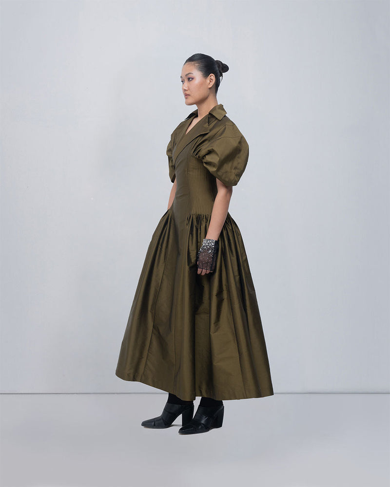 Reina Dress viscose by Leh Studios in olive for women in Singapore